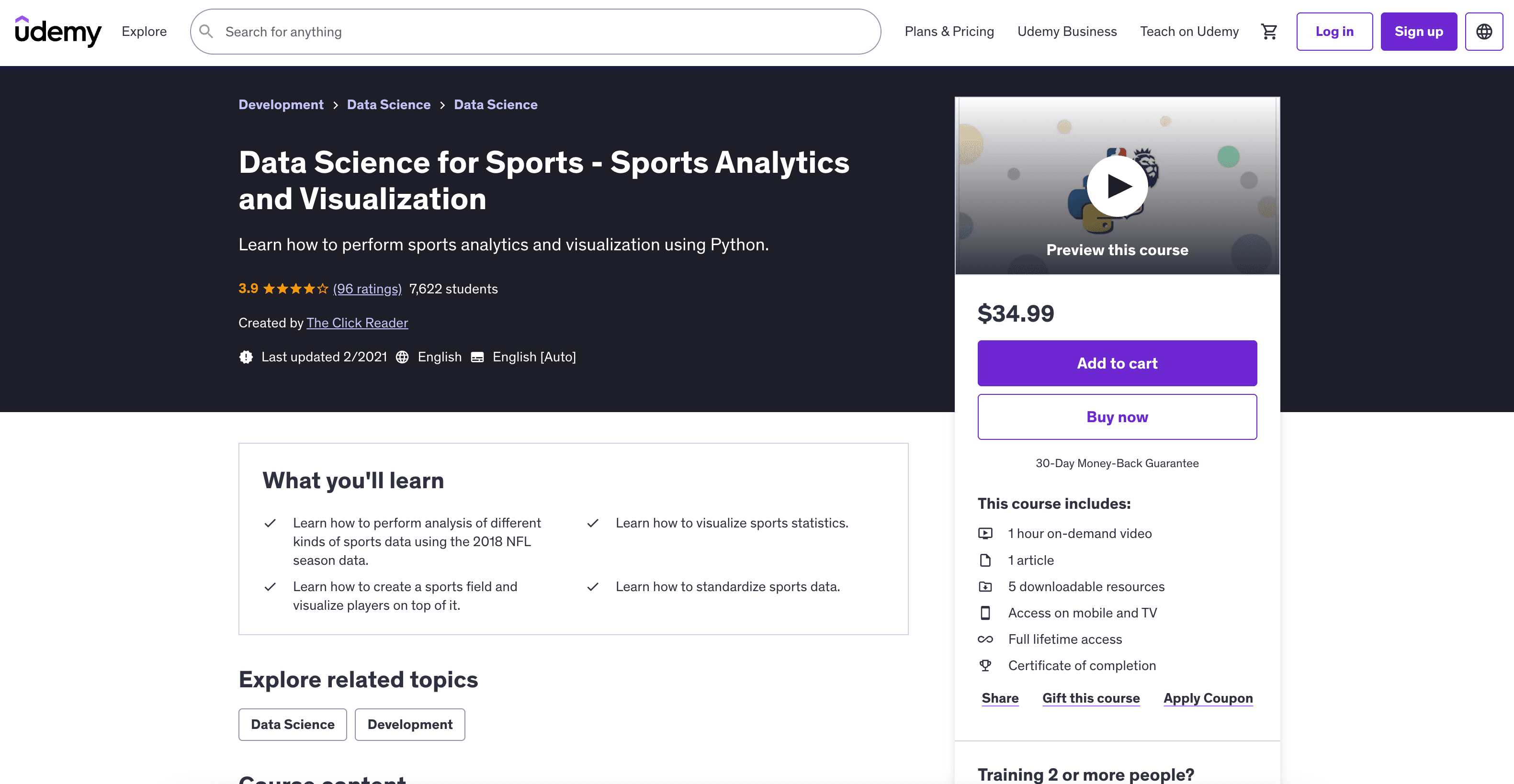 Data Science for Sports: Analytics and Visualization